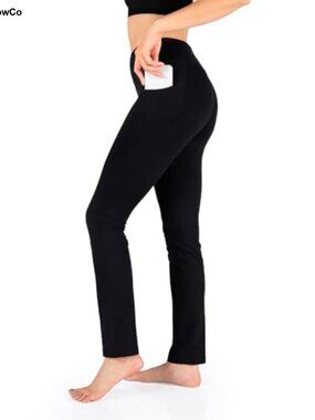 Women's Straight Leg Yoga Pants with Side Pockets, 87% Nylon 13% Elastane